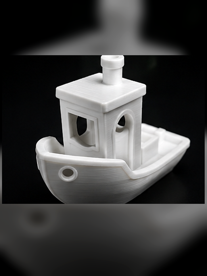 White 3D printed Benchy before electroplating