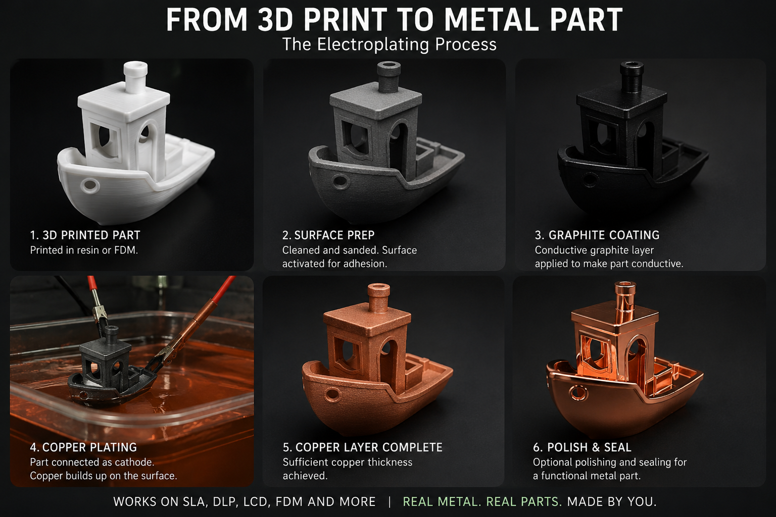 3D printed part to plated copper process infographic